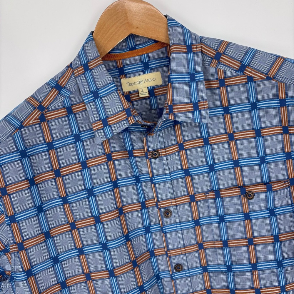 Territory Ahead Plaid Button Down Short Sleeve Shirt Mens L Blue Orange Travel